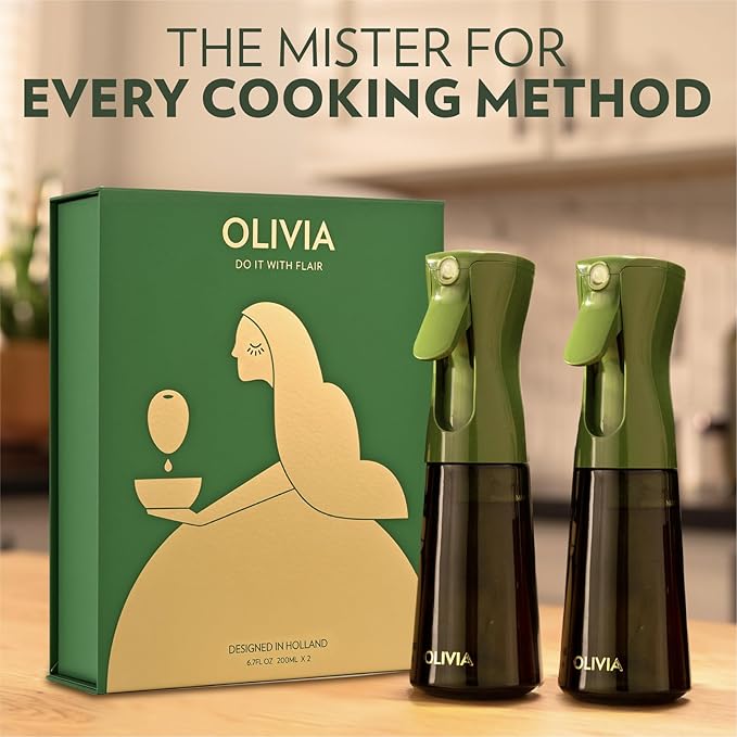 FLAIROSOL OLIVIA Oil Sprayer for Cooking, 2 Pack Green Glass Olive Oil Sprayer, 200ML Oil Dispenser for Kitchen, Continuous Oil Spray Bottle with Portion Control for Air Fryer, Salad, BBQ