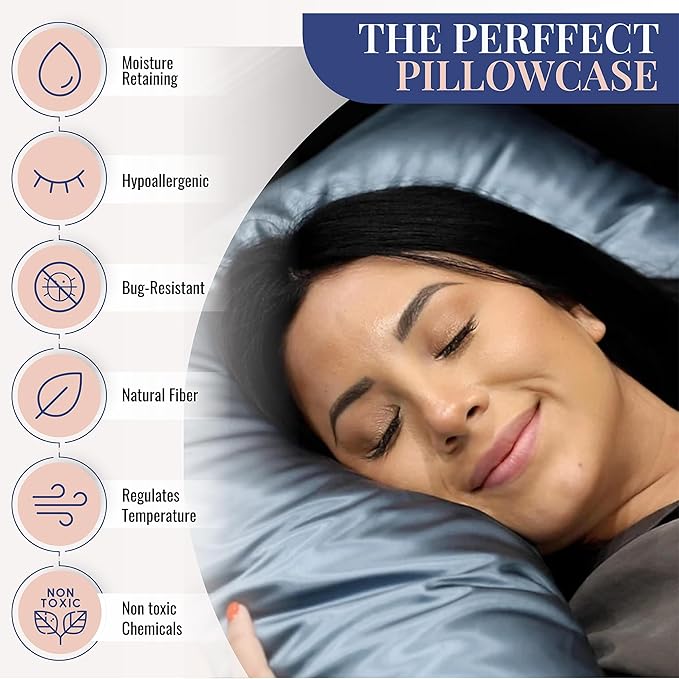Blissy Silk Pillowcase - 100% Pure Mulberry Silk - 22 Momme 6A High-Grade Fibers - Silk Pillow Cover for Hair & Skin - Regular, Queen & King (Ash Blue, King)