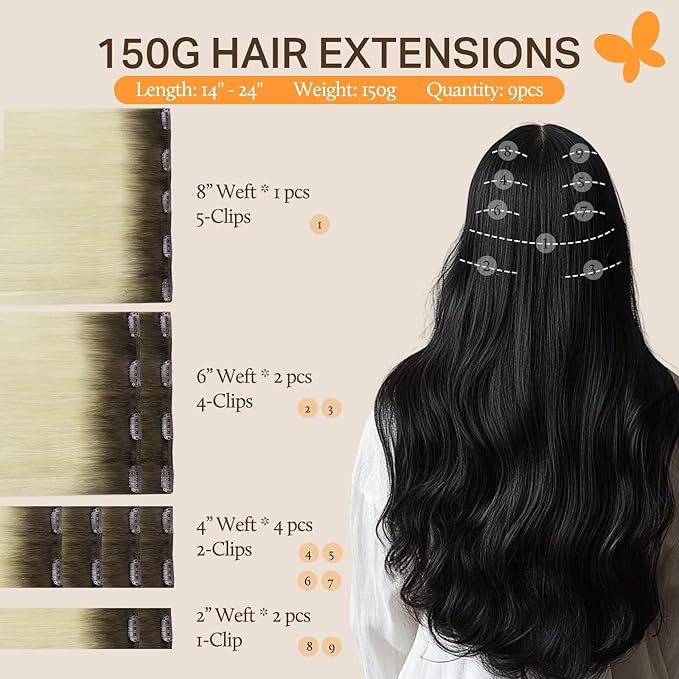 DOORES Clip in Hair Extensions, Light Ash Brown to Ash Blonde 150g 9pcs 16 Inch, Remy Human Hair Extensions, Natural Silky Straight Thick Hair