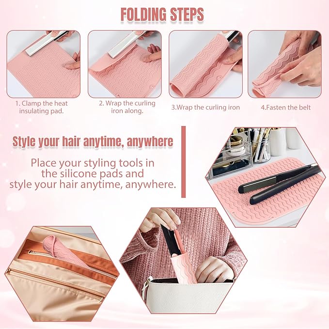 Curling Iron Holder Wall Mount and Resistant Silicone Mat Pouch, Hair Styling Tool Storage Razor Holder for Hair Straightener Curler Hot Hair Tools, Curling Accessories