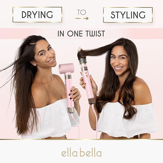 ELLA BELLA® 6-in-1 Hot Air Styler Pink & Heat Protectant Spray • Powerful Hair Dryer Set for Fast Curling, Volumizing, Straightening • Includes Travel Case • UV Shield & Nourishing Hair Care