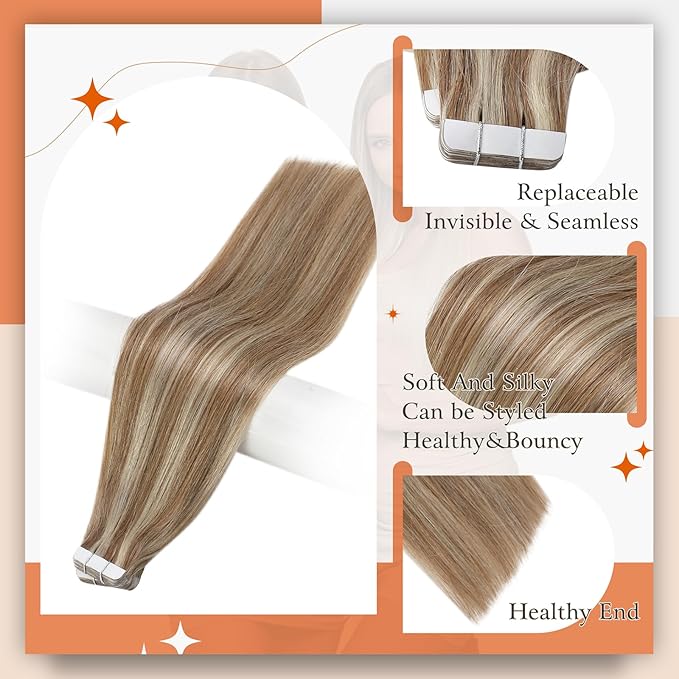 Full Shine Tape in Hair Extensions 18 Inch Invisible Skin Weft Tape Hair Extensions Color 10 Golden Brown Highlighted 613 Blonde Remy Seamless Extension 50G Adhesive Tapes Straight Extension 20Pcs