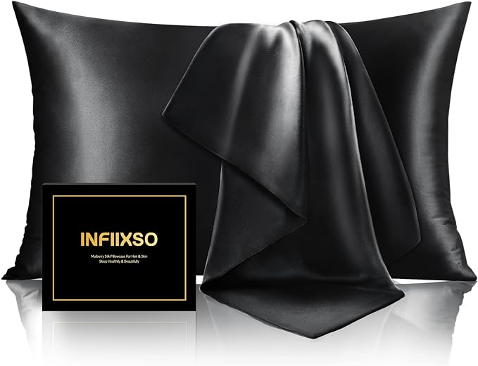 INFIIXSO Mulberry Silk Pillowcase for Hair and Skin, Silk Pillow Cases Queen Size with Hidden Zipper 20x30 Inches, Extraordinary Smooth and Soft Cooling Pillow Cases for Hot Sleepers(Black, 1 Pack)
