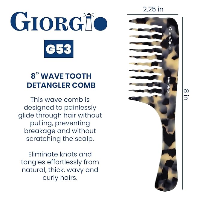Giorgio G53 Wide Tooth Comb for Curly Hair Detangler, Wide Tooth Combs for Women with Thick Hair, Large Tooth Comb For Wet Hair and Dry, Handmade Rake Comb Detangler Saw-Cut and Hand Polished (8")
