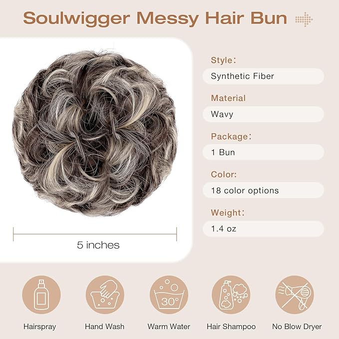 Messy Bun Hair Piece Wavy Curly Scrunchies Fluffy Donut Thick Updo Elegant Chignon Hairpieces for Women Girls, Black Brown Mix Bleach Blonde 1.4oz