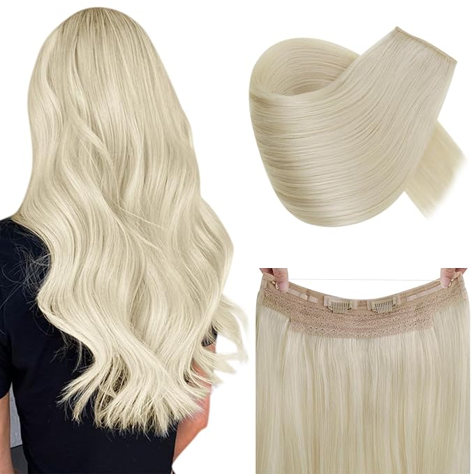 RUNATURE Wire Hair Extensions Human Hair, Platinum Blonde Hair Extensions One Piece Clip in Fish Line Hidden Extnesions, Silky Remy Natural Hair for Women 12 Inch 70g #60