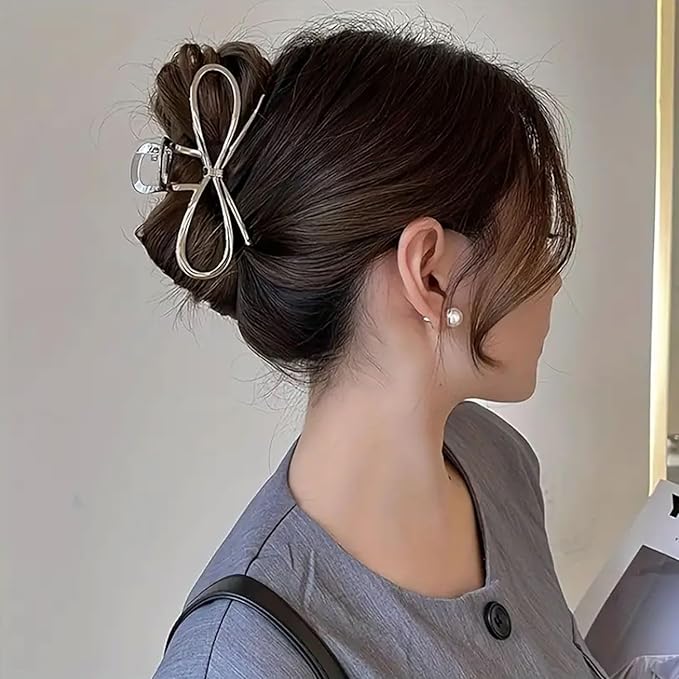 Metal Hair Claw Clips, Silvery Bowknot Alloy Non-Slip Strong Grip Hair Jaw Clips for Thick or Thin Hair (Silver Bow)