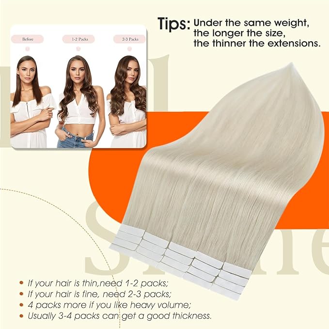 Full Shine Hair Extensions Tape in White Blonde Hair Extensions Real Human Hair Tape in Cuticles Aligned Seamless Skin Weft 24Inch Long Straight Extension 50Gram 20Pcs