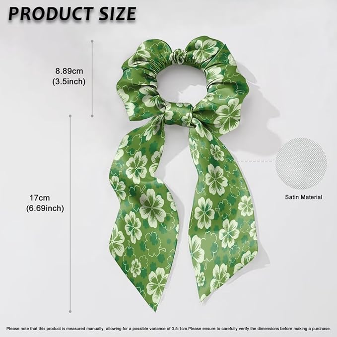Four Leaf Satin Hair Tie Thick Hair No Damage Knotted Bow with Flowing Tails St. Patrick's Day Green Scrunchies with Bow Pack of 2