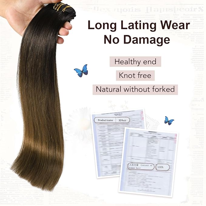 XDhair Clip in Hair Extensions Real Human Hair 100g 6Pcs Ombre Color Natural Black to Medium Brown Clip in Hair Extensions Natural Soft(#1BT4, 14 inch)