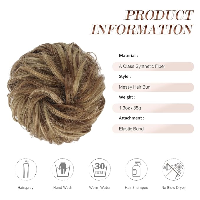 FESHFEN Messy Bun Hair Piece - Elastic Wavy Curly Hair Bun Scrunchies Extensions Synthetic Chignon Hairpieces for Women Girls, Brown & Blonde 1.5 oz