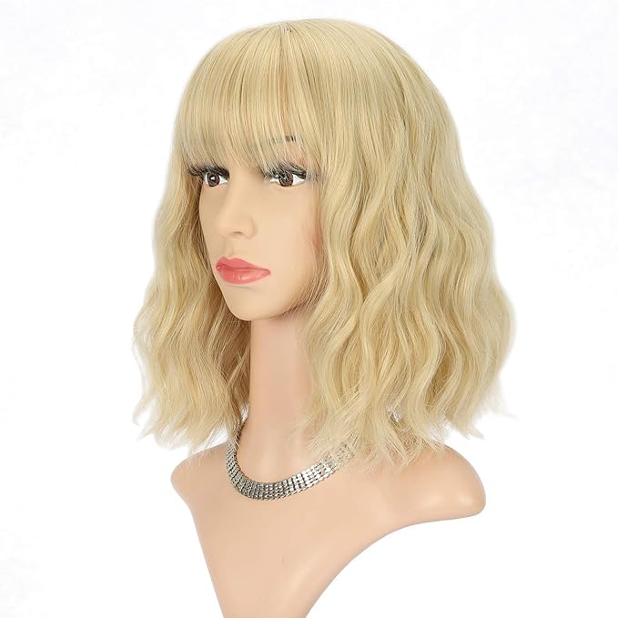 FAELBATY Blonde Wig With Bangs Short Wavy Bob Shoulder Length Synthetic Cosplay Wig for women Costume Wigs (12" Mix Blonde Color 6186)