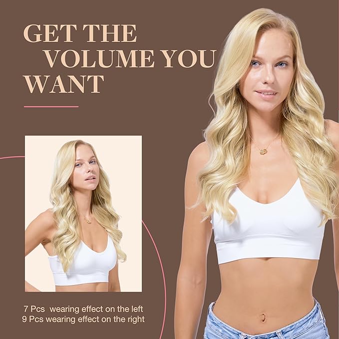 GOO GOO Clip in Hair Extensions Real Human Hair, Remy Human Hair Extensions Clip ins for Women, Natural Human Hair, 24inch 150g 9Pcs, #18A/613A Dark Blonde Highlighted Bleach Blonde