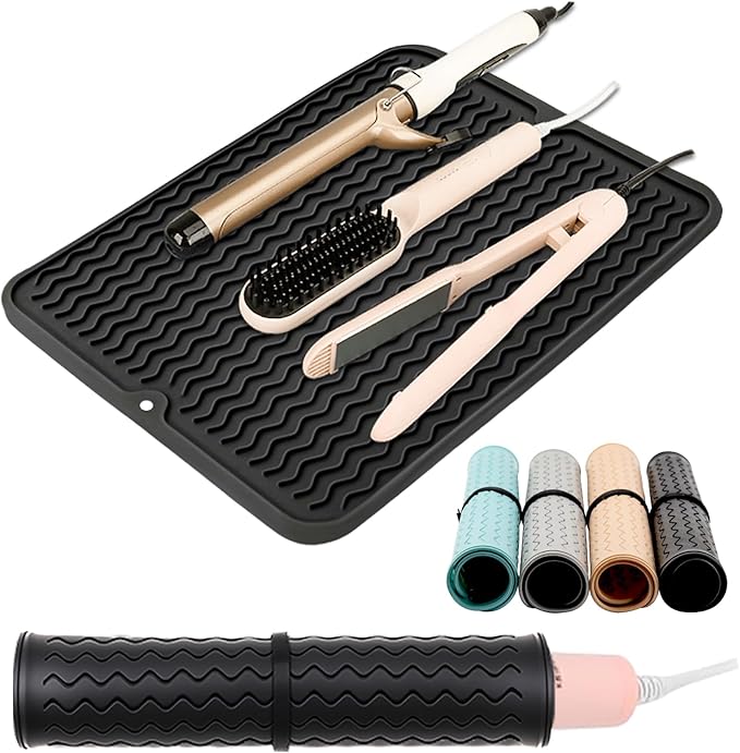 Oversize Silicone Heat Resistant Mat, Heat Mat with Velcro for Curling Iron, Travel Cover Cushion for Curling Irons, Hair Bands and Styling Tools(15.7" X 11.8") (Black)