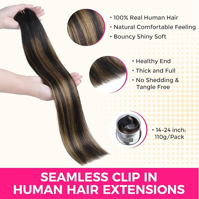 Lashey Seamless Clip in Hair Extensions Human Hair Light Yaki Natural Black Mixed Chestnut Brown 20 Inch 7pcs 110g Real Human Hair Clip ins for Black Women
