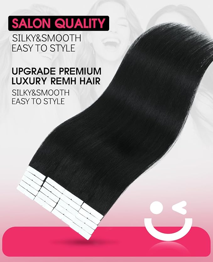 Youngsmile Injection Tape in Hair Extensions Real Human Hair, #1 Jet Black 16 Inch Invisible Edge Tape in Injected Hair Extensions, 20pcs 35g, Straight Remy Virgin Human Hair Tape ins (#1,16'')