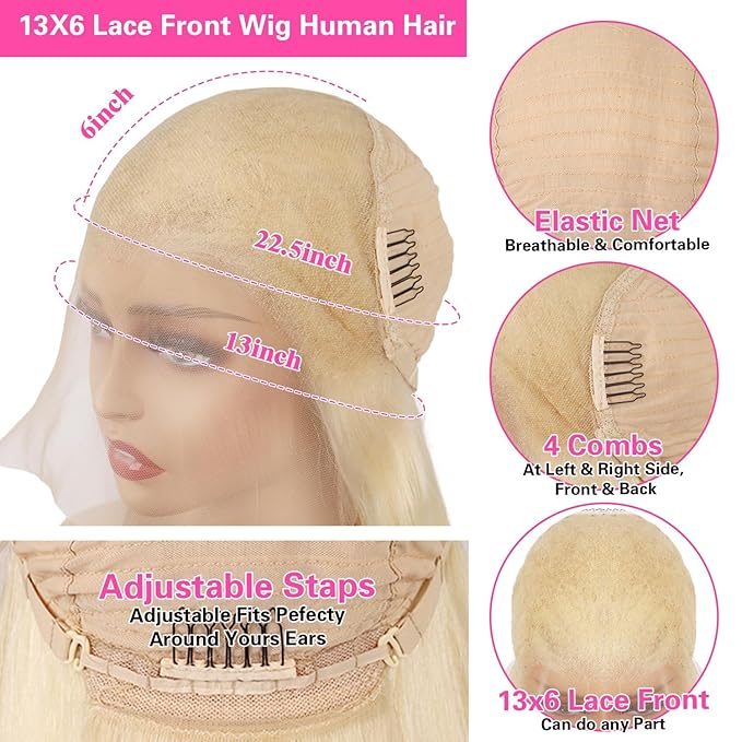613 Lace Front Wigs Human Hair 200 Density 13x6 HD Transparent Lace Full & Thick Straight 26 Inch 613 Blonde Wig Glueless Colored Human Hair Wigs Pre Plucked with Baby Hair