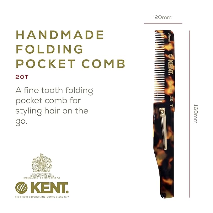 Kent 20T TY Handmade Folding Pocket Comb for Men, Fine Tooth Hair Comb Straightener for Everyday Grooming Styling Hair, Beard or Mustache, Use Dry or with Balms, Saw Cut Hand Polished, Made in England