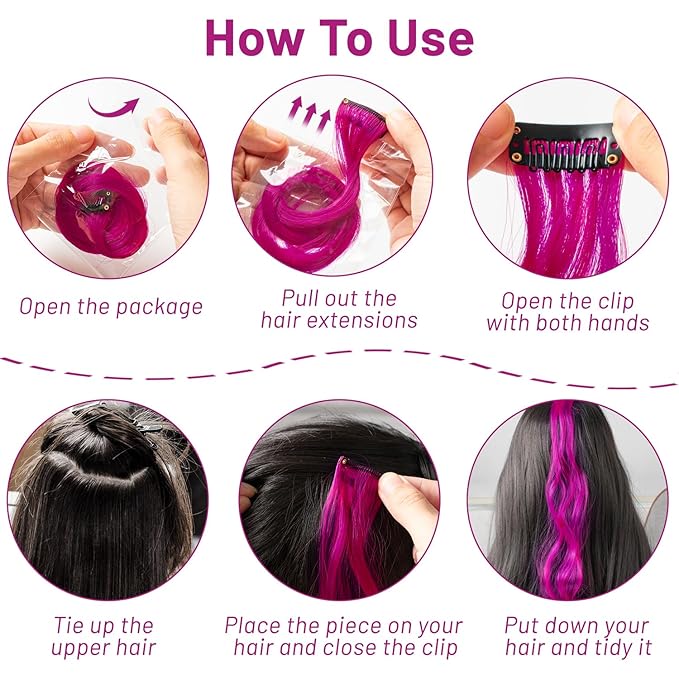 16 Pcs Colored Hair Extensions Curly Wavy Clip in Synthetic Hair Extensions,Colorful Party Highlights Hairpiece Streak for Girls Women Kids Cosplay Party Gift(Rose Purple)