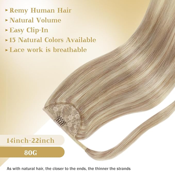Ve Sunny Hair Extensions Ponytail Real Human Hair Wrap Around Clip in Ponytail Hair Extensions Straight Extensions Human Hair for Women Blonde Highlights for Women Warm Color 22inch 80G