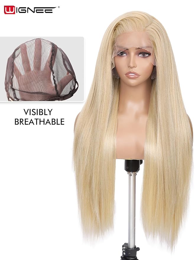 WIGNEE 13x6 Synthetic Lace Front Wig 28" Blonde Wig Pre-Plucked Handmade Lace Front Wigs with Kanekalon Futura Hair Voluminous Long Straight Synthetic Wigs for Daily Party Use