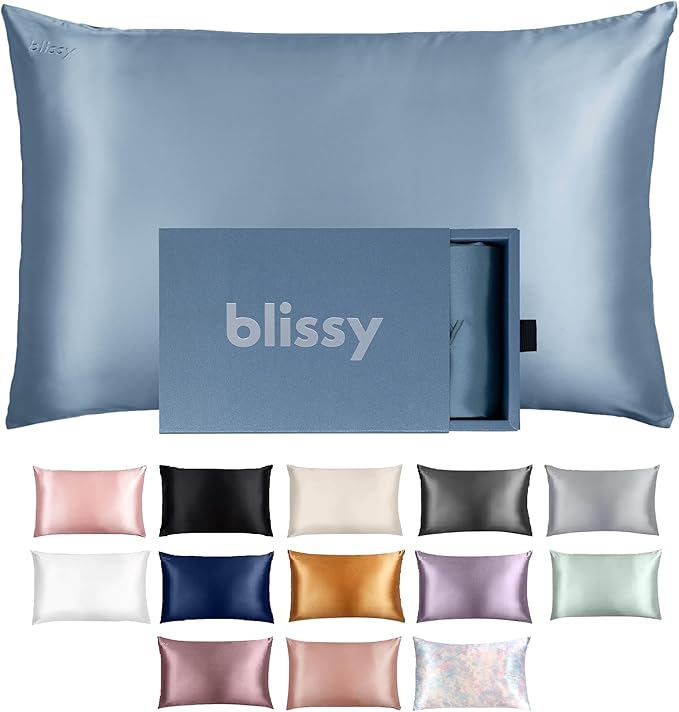 Blissy Silk Pillowcase - 100% Pure Mulberry Silk - 22 Momme 6A High-Grade Fibers - Silk Pillow Cover for Hair & Skin - Regular, Queen & King (Ash Blue, Queen)