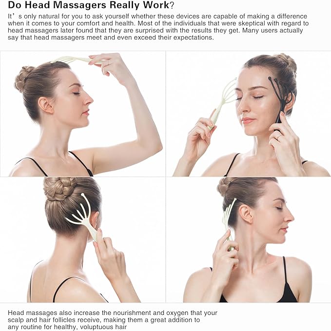 Head Massager,Protable Handheld SPA Scalp Massage Tool for Deep Relaxation & Stress Reduction Wet and Dry in The Office Home SPA (2-Pack) (White White)