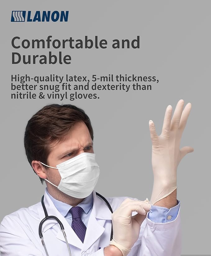 LANON 5 mil Latex Disposable Gloves, Food-Contact Grade, Powder-Free, Fully Textured, White, Large