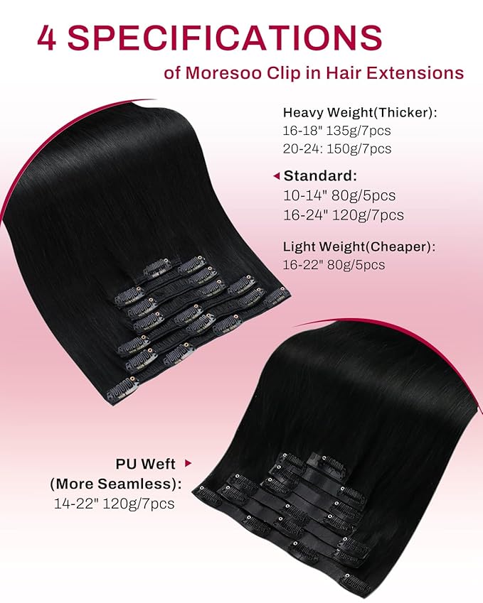 Moresoo 24 inch Hair Extensions Clip in Human Hair Black Remy Double Weft Human Hair Clip in Extensions Straight Hair Extensions for Women Natural Black #1B 7pcs 120g