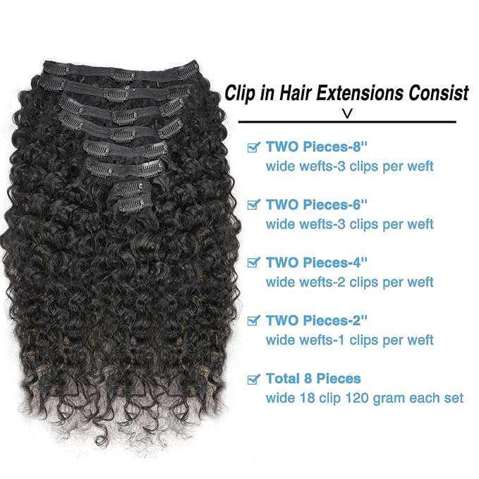 Burmese Curly Clip in Hair Extensions Real Human Hair 8Pcs Brazilian Human Hair Clip ins for Black Women With 18Clips 120g 16inch #1B Natural Black