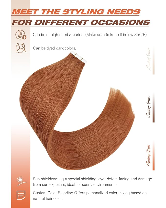 Sunny Hair Tape in Hair Extensions Real Human Hair Invisible Remy Hair Extensions Tape ins for Women Copper Red 20 inch 20Pcs 50G