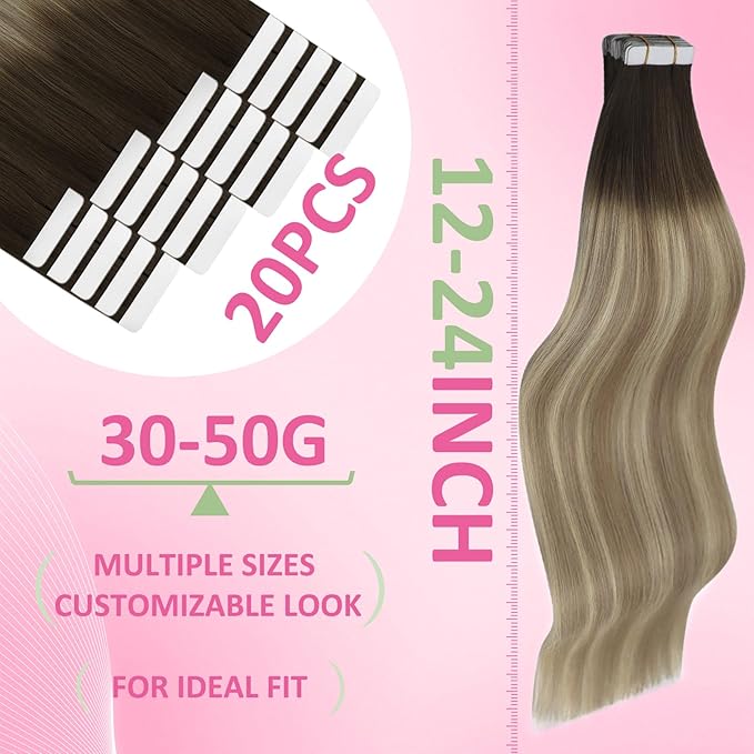YoungSee Tape in Extensions Ombre Blonde Tape in Hair Extensions Ash Blonde Balayage Platinum Blonde Tapein Hair Extension Real Human Hair 12 Inch 30g Balayage Tape-on Hair Extension 20pcs