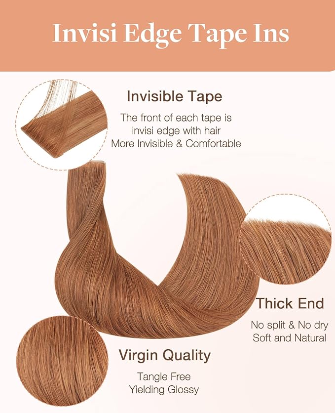 GOO GOO Invisi Edge Tape in Hair Extensions Human Hair, 330 Cinnamon Terra Copper 10pcs injected with 10pcs classical tape ins, 18inch 50g, Virgin Remy Hair, Natural Look