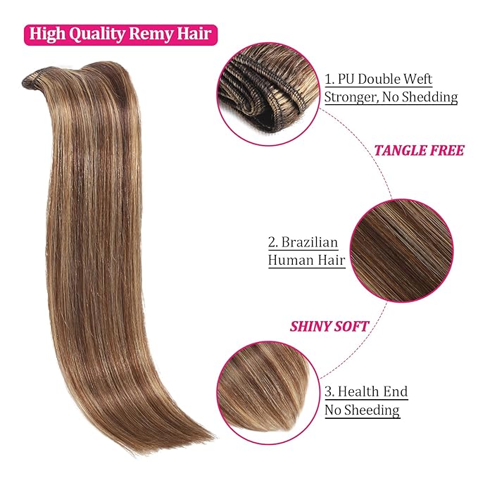 Clip in Hair Extensions Real Human Hair 4.2oz/120g 8pcs Chocolate Brown to Honey Blonde Human Hair Extensions Straight Double Weft Remy Human Hair for Black Women 20 Inch #P427
