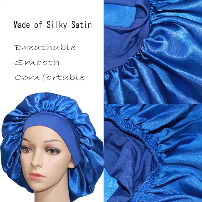 VEYRNEIC Hair Satin Bonnet for Sleeping Shower Caps Silk Chemo Caps with Wide Elastic Band Night Sleep Cap Bonnets for Black Women Braids with Satin Storage Bag (Royal Blue)