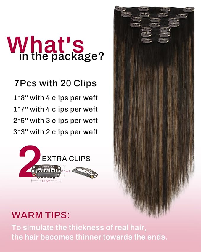 Moresoo Clip in Hair Extensions Real Human Hair Balayage Double Weft Clip in Extensions Ombre Dark Brown Mixed with Chestnut Brown Hair Extensions Clip ins Human Hair 7pcs/150g 20inch