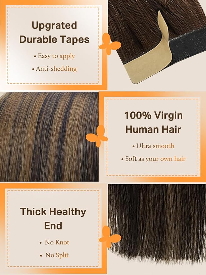DOORES Tape in Hair Extensions, Balayage Natural Black to Chestnut Brown, 16 Inch Straight, 100% Remy Human Hair