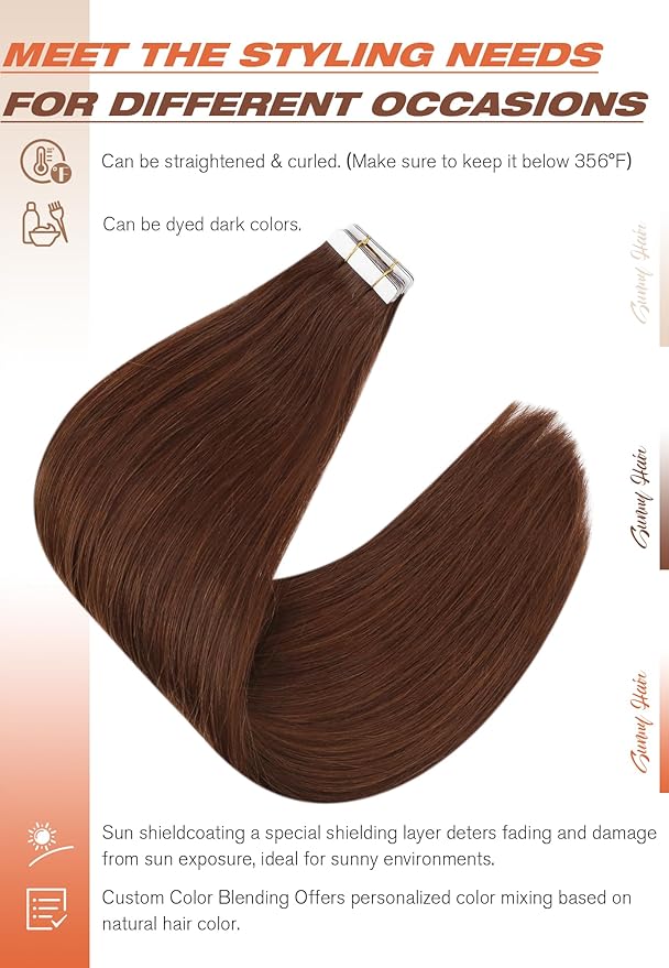 Sunny Hair Tape in Hair Extensions Human Hair, 24inch 40Pcs Auburn Brown Human Hair Tape in Extensions Remy Invisible Tape ins Human Hair Extensions Straight