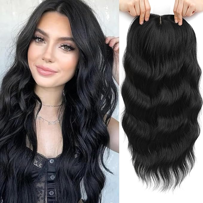 Hair Topper, 360° 3D Hair Toppers for Women with Thinning Crown, 20 Inch Long Wavy Curly Hair Pieces Clip in Bangs (Black, 20 inch, Side Bangs)