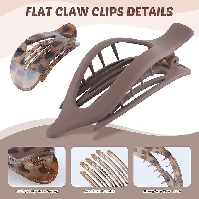 Lourny Flat Hair Clips for Women, French Flat Claw Clips & Duckbill Hair Clips for Thin Hair Lightweight Non-Slip Large Claw Clips for Women 6PCS