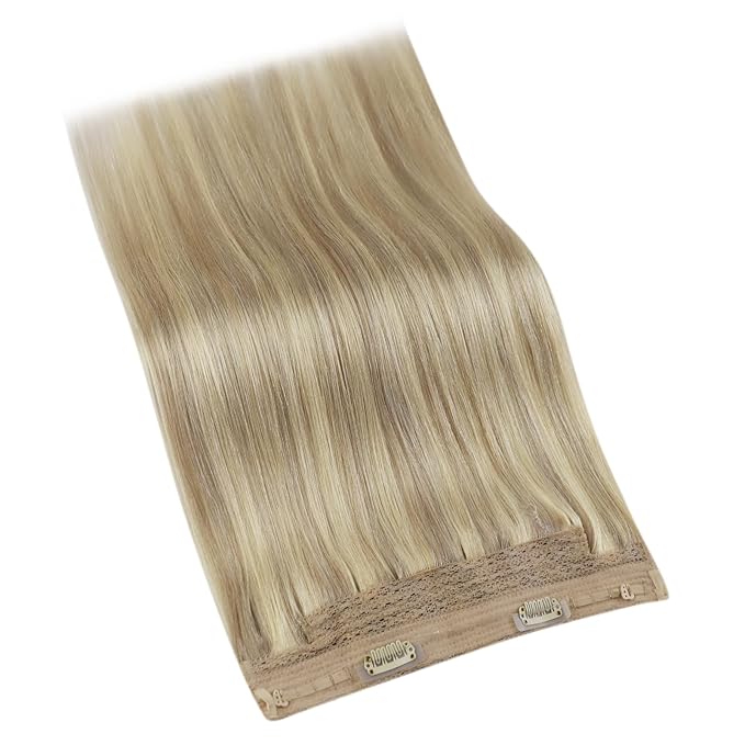 YoungSee Invisible Wire Hair Extensions Blonde Highlight Wire Hair Extensions Real Human Hair Golden Blonde Highlights Light Blond Human Hair Fish Line Extensions for Women 14In 80G
