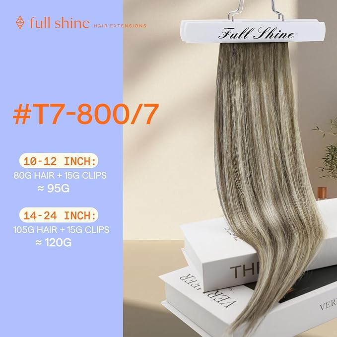 Full Shine Clip in Human Hair Extensions 20 Inch Seamless Clip in Extensions Straight Remy Hair Cool Ash Brown Ombre Highlight Blonde Hair Extensions Clip ins 7 Pcs 120 G