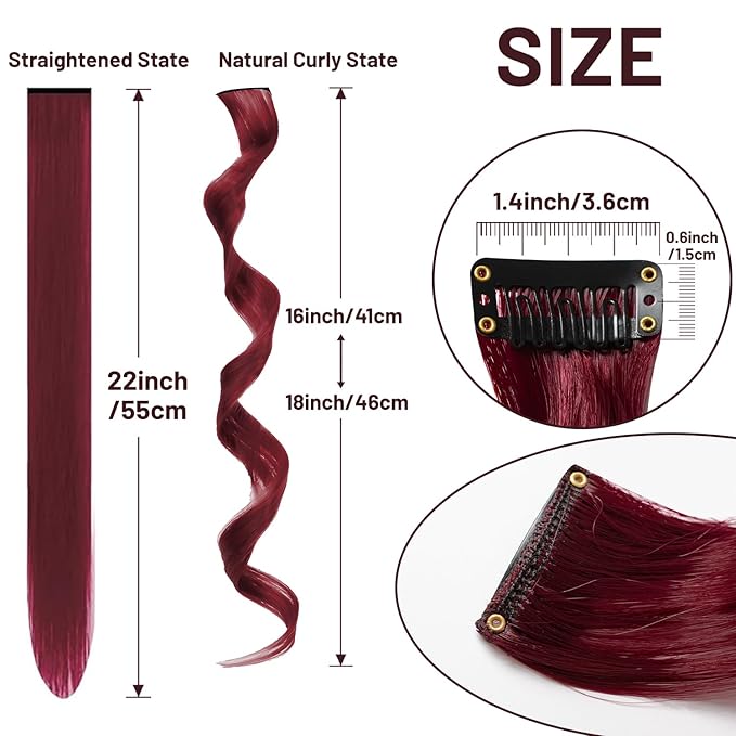 16 Pcs Burgundy Hair Extensions Curly Wavy Clip in Synthetic Hair Extensions,Colored Party Highlights Hairpiece Streak for Girls Women Kids Christmas Cosplay Party Gift(Wine Red)