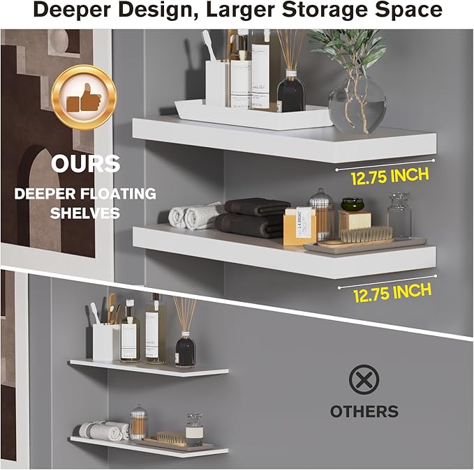 Large Floating Shelves for Wall Set of 1 Wooden Wall Shelves 36 in x 12.75 in x 2 in Room Decor Long Shelf with Invisible Wall Mount Bracket for Bedroom Kitchen Living Room White