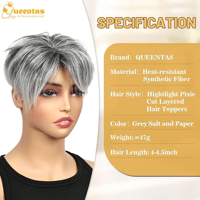 QUEENTAS Short Hair Topper for Women with Thinning Hair Daily Wear 360°3D Cover Up 6.5"*6" Fluffy Hair Pieces with Bangs(Black Mixed Grey)