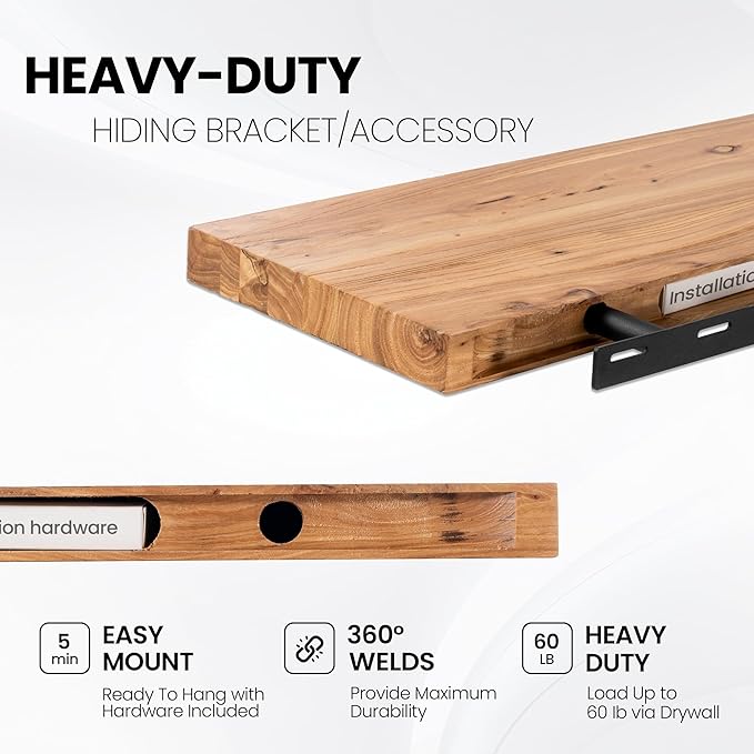 Floating Shelves for Wall, 40"W x 9.3"D x 1.5"H Rustic Solid Elm Wood Wall Shelves, Set of 2 with Invisible Heavy-Duty Metal Bracket, Deep Floating Shelf for Living Room Kitchen, Natural Finish