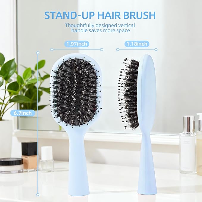 Boar Bristles Hair Brush for Women and Men, Detangling Hair Brush for Smoothing Massage Add Shine, Nylon&Boar Bristles Detangler brush for Hair Healthy (Medium-Blue)