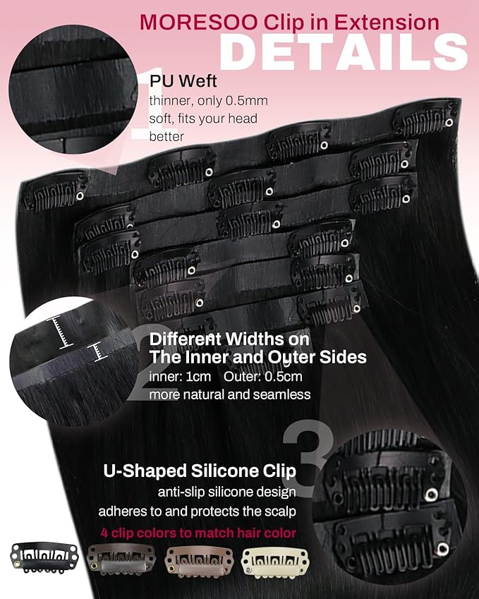 Moresoo Seamless Clip in Hair Extensions Human Hair Black Remy Human Hair Clip in Extensions Jet Black Short Pu Skin Weft 120g/7pcs 14 inch