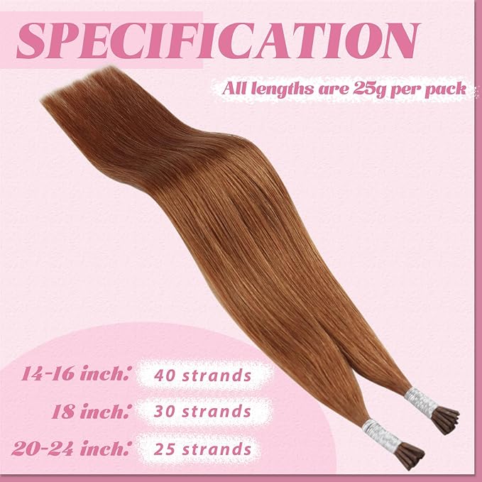 YoungSee I Tip Hair Extensions Copper 14 Inch I Tip Extensions Human Hair Copper 40s 25g Itips Extension Real Human Hair Colored Short-Hair Pre Bonded Extension for Party