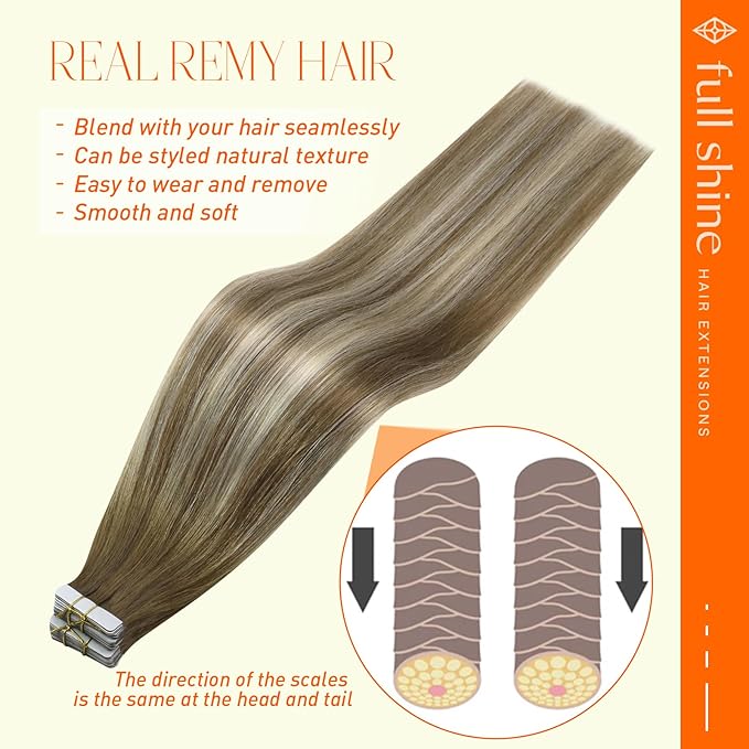 Full Shine Blonde Tape in Hair Extensions Human Hair 22Inch Hair Extensions Tape in Color 6 Fading to 6 Brown and 60 Platinum Blonde Balayage Seamless Remy Human Hair Extension 50G 20Pcs Add Volume